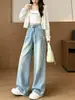 Jeans de mujer de moda color claro, rotos, bordados de estrellas, de tiro alto, pierna ancha, largos hasta el suelo y con dobladillo curvo para otoño