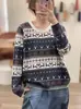 Otoño 2026 Transfronterizo Nuevo Hilo de Algodón Retro Holgado Estampado Cuello Redondo Versátil Casual Top Tejido Jersey Mujer