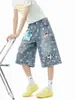 Shorts jeans da moda com patches de estrelas por toda parte, design de marca de moda de verão unissex, calças largas folgadas