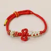 Pulseira de Nó Wenchang para Sucesso no Exame Pulseira Trançada à Mão Flor de Pessegueiro Pulseira de Corda Vermelha para Passar em Exames Presente de Boa Sorte Feminino