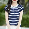 2026 Verano Nuevo Algodón Puro Cuello Polo Camisa de Punto Manga Corta para Mujer Bloque de Color Rayas Casual Versátil Top Camisa Base
