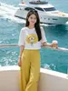 Conjunto Informal Elegante de Verano 2026 Camiseta Estampada y Pantalones de Pierna Ancha Conjunto de Dos Piezas Moderno y Juvenil de Manga Corta