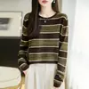 Suéter de Punto con Rayas de Bloques de Color Retro Francés para Mujer Otoño Invierno Cuello Redondo Capa Base Holgado Versátil Casual Suéter