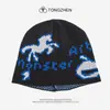 Gorro de Punto Jacquard Pixel Pony Otoño Invierno Marca de Moda Letra de Dibujos Animados Gorro de Lana Pullover Estilo Coreano Gorro Jacquard de Doble Cara