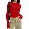 Camiseta Feminina Manga Longa Cruzada Europeia e Americana Hot Girl Cintura Marcada Ombro Direito Look Emagrecedor Outono Camisa Base para Camadas Pronta para Venda