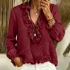 Amazon transfronterizo verano nuevo moda europea y americana cuello en V volantes manga larga top, camisa estilo vacacional para mujer