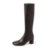Botas altas de piel de oveja de dos capas + super elásticas para mujer, estilo coreano de otoño, puntera redonda, cremallera lateral, tacón medio grueso, hasta la rodilla