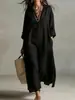 Vestido Novo Europeu e Americano Transfronteiriço Primavera/Verão 2026, Vestido Camisa Casual de Manga Longa Cor Sólida com Gola Reversível, Vestido Preguiçoso de Algodão e Linho