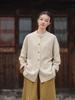 26 Otoño Estilo Chino Original Lino Bloque de Color Botones Cuello Alto Cárdigan Chaqueta de Algodón Lino Zen Chino para Mujer