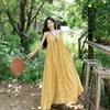 Vestido Amarillo Estilo Resort Atmósfera Yunnan Xinjiang para Mujer Elegante Falda Larga sin Espalda de Tirantes con Cuello en V