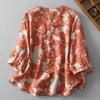 Camisa Estampada con Fotos Reales, Manga Corta para Mujer, Nuevo Estilo Verano 2025, Cuello Exquisito, Top Floral Grande Retro para Mujer