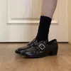 Versión de piel de oveja~Mocasines vintage de cuero genuino con tacón grueso para mujer con hebilla de cinturón, zapatos casuales para commuting, zapatos pequeños de cuero cómodos y versátiles