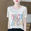 Camiseta feminina de verão mais vendida em liocel com estampa de letras, modelagem solta, simples e chique, casual, estilo coreano, versátil