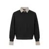 Camisa Polo Masculina Falsa de Duas Peças para Primavera e Outono, Moda de Rua Americana Camada sobre Camada Patchwork Xadrez Gola Reversível Pulôver com Meio Zíper
