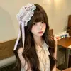 Mini sombrero Lolita rosa, accesorio para el cabello para mujer, borde de encaje dulce, lazo con forma de corazón de perla con cinta, pinza para el cabello de sombrero