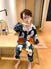 Pijama de Poliéster y Algodón para Niños, Conjunto de Manga Larga y Pantalón Largo para Primavera y Otoño, Adecuado para Niños Mayores, Ropa de Casa tipo Cárdigan Infantil que se Puede Usar Afuera
