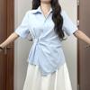 Camisa Polo Adelgazante de Cintura Irregular Verano 2025 Estilo Coreano Hombro Derecho Manga Corta Diseño Color Puro Nuevo Top