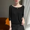 Top de punto fino para mujer con estampado de osmanthus, sin hombros, manga corta, textura delicada, corte ajustado y caída suave para un look favorecedor, adecuado para ir al trabajo