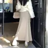 Falda midi de mezcla de lana color blanco leche para mujer, Nuevo estilo Otoño 2026, De cintura alta, Adelgazante, Línea A acampanada, Ceñida a la cadera, Falda sirena