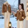 Jaqueta de motociclista curta slim fit forrada de pele com lapela e bolsos, com veludo plus, para mulheres, outono e inverno, moderna