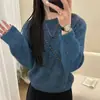 Suéter Grueso Azul de Cuello Redondo, Muy Elegante para Otoño e Invierno, Tejido de Estilo Holgado y Relajado, Top Coreano Chic para Principios de Invierno para Mujeres