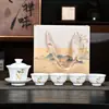 Porcelana Blanca Dehua 1 Gaiwan 4 Tazas Gongfu Juego de Té Hogareño Cerámica Tazas para Preparar Té Gaiwan Caja de Regalo Juego Regalos de Festival