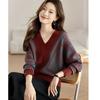 Nuevo Estilo Otoño/Invierno 2026 Elegante Cuello en V Corto Holgado Camiseta Base de Punto Manga Larga Camiseta de Manga Murciélago para Mujer