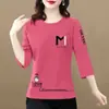 E-commerce Transfronteiriço Moda para Mães Camiseta Top para Mulheres de Meia-idade e Idosas Gola Redonda Versátil Camada Base Manga Sete-Quartos Tamanho Plus