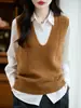 Colete de malha gola V espessado outono e inverno 10 fios lã pura slim fit cor sólida, jaqueta sem mangas versátil para mulheres