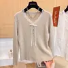 Camisa base de malha com decote V e laço, com acabamento em renda, plus size, suéter simples de manga comprida para outono e inverno feminino