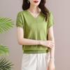 Camiseta de Verano 2026 para Mamá Nueva, Cuello en V, Manga Corta, Top Delgado de Seda Artificial, Blusa Holgada Elegante de Tejido de Seda Helada para Mujer