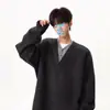 Suéter falso de duas peças estilo retrô americano com gola V para homens, pulôver de outono e inverno, blusa de tricô solta de manga comprida, jaqueta estilosa