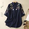 Camisa Longa Bordada Solta Reta Estilo Chinês Lapela Algodão Tamanho Grande Top Feminino de Sete Mangas