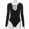 Estilo Europeu e Americano Outono Feminino Sexy Elegante Camiseta de Manga Comprida Cor Pura Recorte com Alças Macacão Casual Sexy