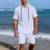 Novo Conjunto de Moda Casual Masculino com Camisas Casuais de Linho de Manga Longa e Bermudas Casuais de Linho de Cinco Pontos