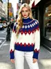 Suéter Jacquard Fair Isle de Cuello Alto a Media Manga Otoño/Invierno 2026 para Mujer, Patrón de Diamantes Holgado, Suéter de Punto Suave, Top de Estilo Perezoso