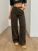 Pantalones vaqueros europeos y americanos transfronterizos para otoño e invierno, color café con estampado de leopardo, mezclilla elástica para mujer, corte holgado, cintura alta, adelgazantes, pierna recta, estilo casual