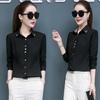 Nova camisa branca de primavera e outono feminina de manga comprida estilo coreano com combinação de cores xadrez roupa formal profissional macacão preto roupa de trabalho feminina camisa