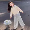 Moda para Niñas 2026 Estilo Coreano Casual Pantalones de Pierna Ancha a Cuadros Elegante y Único Conjunto de Dos Piezas con Cuello de Solapa Sudadera de Manga Larga