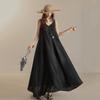 Vestido de Verão Feminino 2025 100% Linho Puro Slip Dress Decote V Grande Fluidez Longo Solto Preto e Branco MD5162