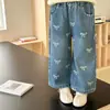 Pantalones para Niñas Estampado de Lazo Pierna Ancha Pierna Recta Denim Nuevo Estilo Primavera/Otoño 2026 Niñas Niños Pequeños Cintura Alta Ancho
