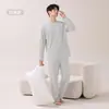 Algodón LyocellPijama para Hombre Primavera y Otoño Manga Larga Pantalón Largo Conjunto Casual Sencillo Se Puede Usar Fuera de Casa Ropa de Hogar Invierno