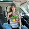 Camiseta de Manga Corta de Algodón Puro a Rayas Color-Block Inspirada en el Diseño para Mujer, Corazón Estilo Sal con Graffiti, Top Holgado con Encaje de Retazos para Llevar por Encima