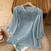 Tiro Real de Verano Nuevo Estilo Chino Camiseta de Algodón y Lino Bordada con Botones para Mujer Versátil Holgada Pulóver Retro Literaria Mujer