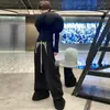 Calça de trabalho larga com bordado de slogan estilo americano para homens, calça da moda de outono, escura, solta, boca de sino, comprimento total