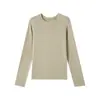 Primavera y Otoño Nuevo Producto Delgado Lana Tencel Suave Ceroso Cuello Redondo Camiseta Base Ajustada Manga Larga Camiseta Top de Mujer