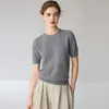 Suéter de punto de cachemira 100% pura de manga corta para mujer, cuello redondo, corte ajustado, versátil top pullover de cachemira