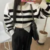 Cárdigan Corto de Punto a Rayas a Juego Otoño e Invierno Nuevo Estilo Coreano Ajustado Adelgazante Cuello Redondo Cremallera Suéter Abrigo para Mujer