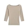 Camiseta Minimalista Moderna de Cuello Barco con Manga Tres Cuartos, Corte Ajustado, Dulce, Chica Casual, Versátil, Color Sólido, Camisa Básica
