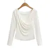 660-26 Verano Estilo Coreano Ins Blogger Pura Deseo Diseño Fruncido Color Macarrón Liso Manga Larga Camiseta Camisa Base